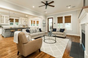 Family room staging in Houston Heights, TX